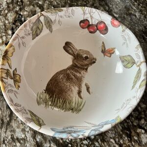 Pier 1 White Ceramic Bowl with Brown Bunny and Multicolor Floral Accents